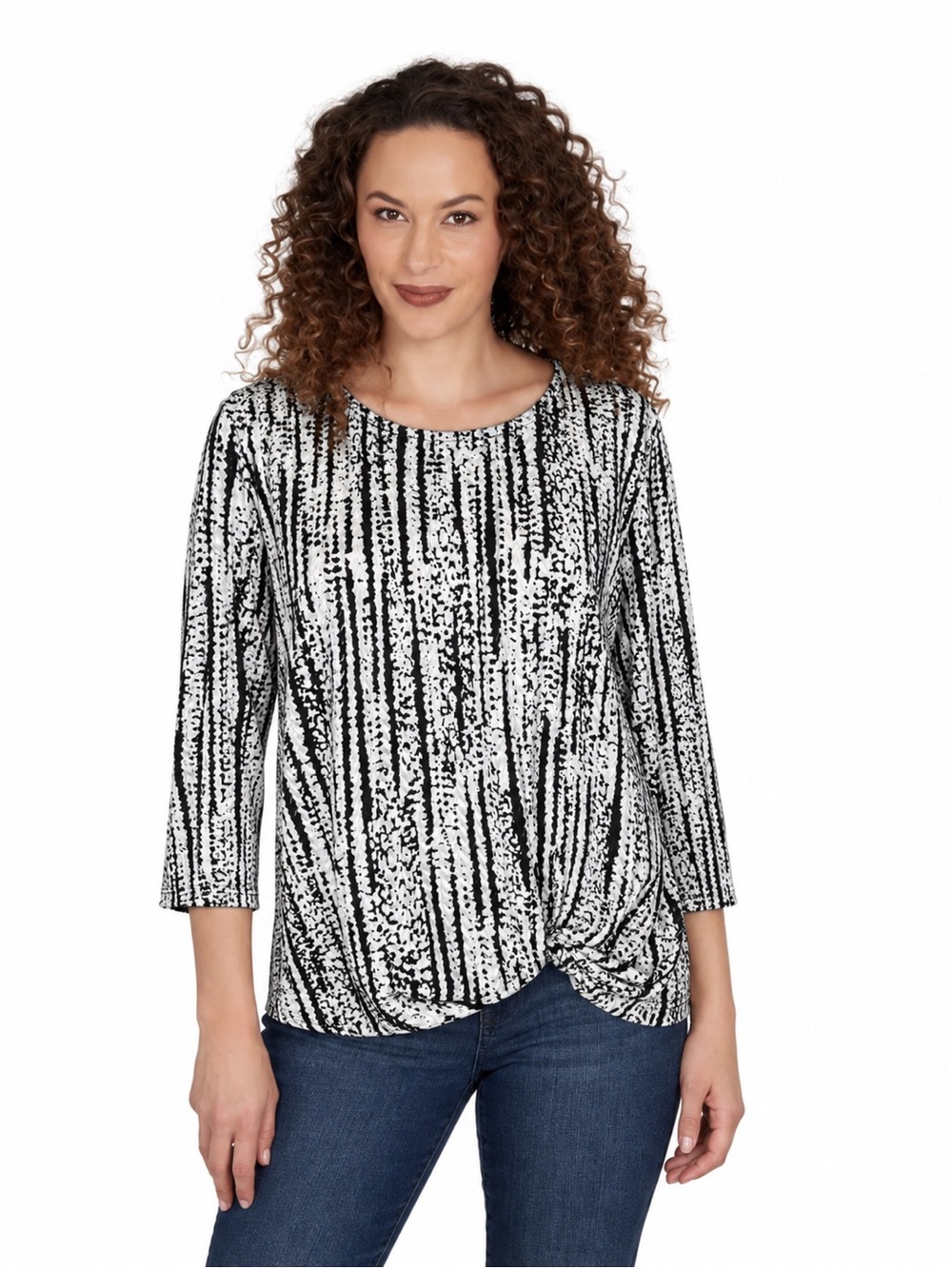 Alfred Dunner Petite PM Black White Textured 3/4 Sleeve Ruched Hem Top